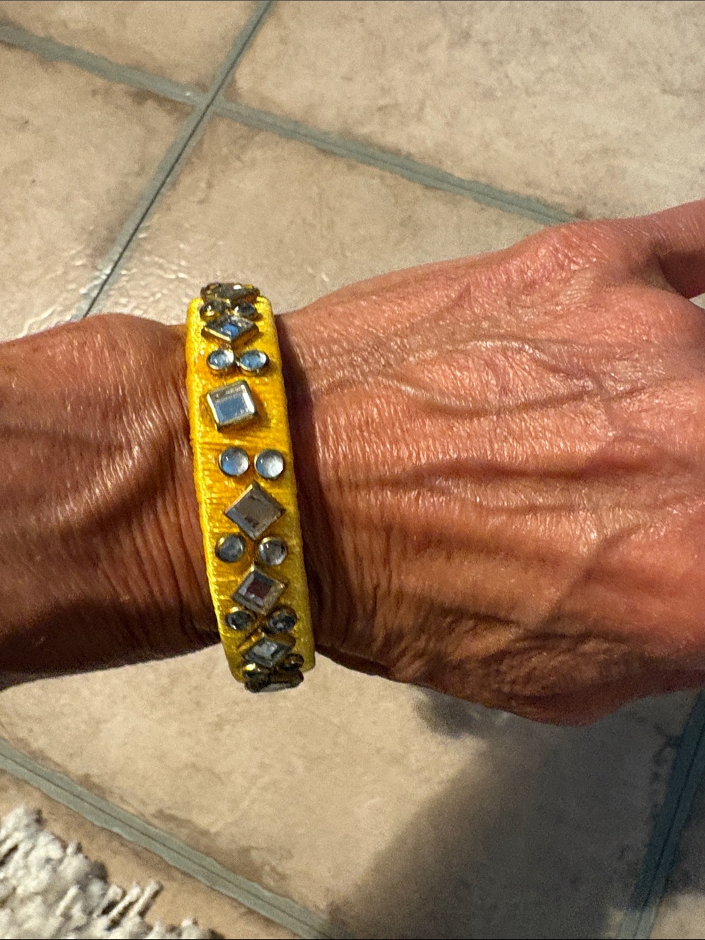 Yellow Embellished Women's Bangle Bracelet with hanging pearls